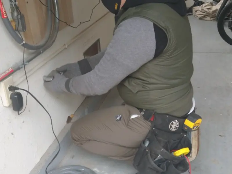 Electrician performing outlet wiring in a Floyd garage